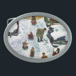 Sledding and Digging Out Oval Belt Buckle<br><div class="desc">Artist: Earl Mayan | Children sled as fathers dig autos out of snow</div>