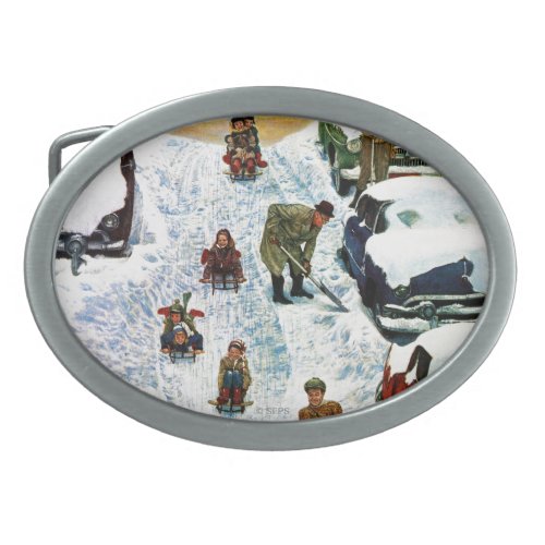 Sledding and Digging Out Oval Belt Buckle