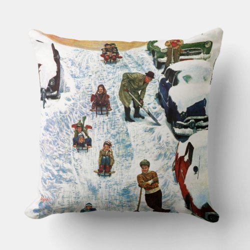 Sledding and Digging Out Throw Pillow