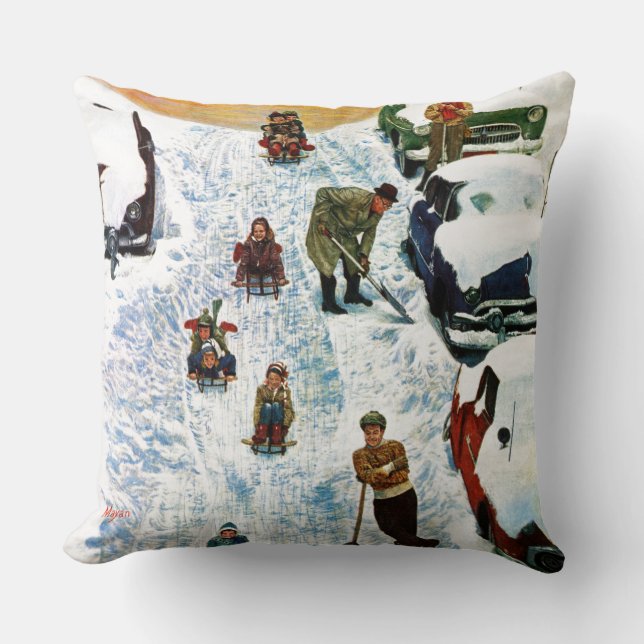 Sledding and Digging Out Throw Pillow (Front)