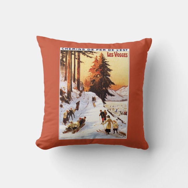 Sledding and Skiing at Vosges Poster Throw Pillow (Front)