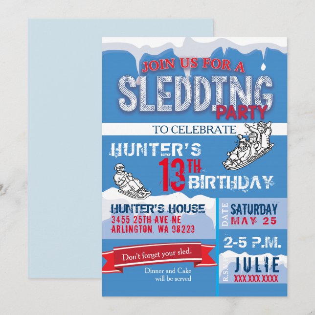 Sledding Birthday Party Invitation (Front/Back)
