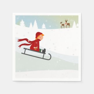 Sledding Boy, Winter Holiday Paper Napkins