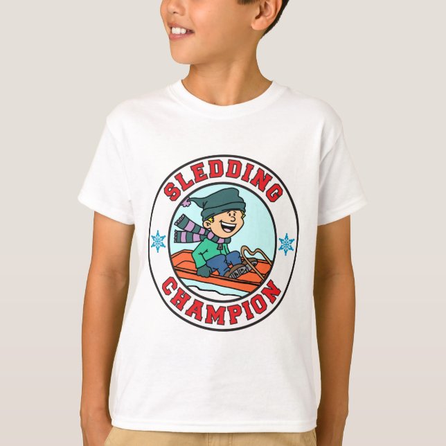 Sledding Champion Cartoon Boy T-Shirt (Front)