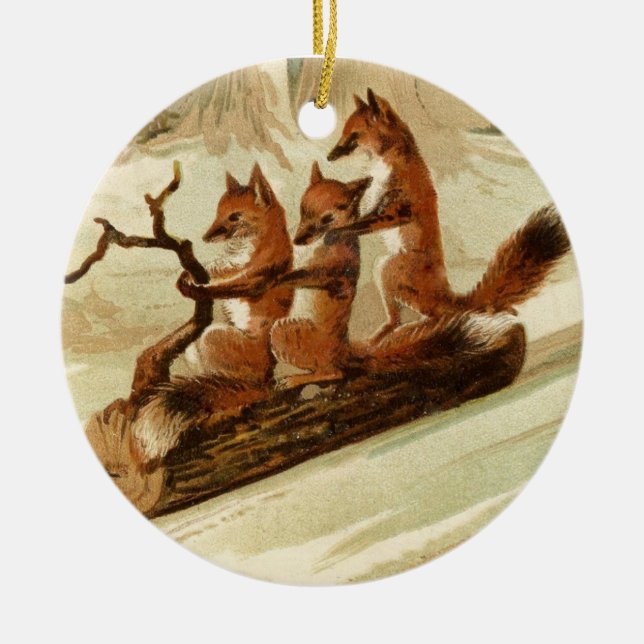 Sledding Foxes Ceramic Ornament (Front)