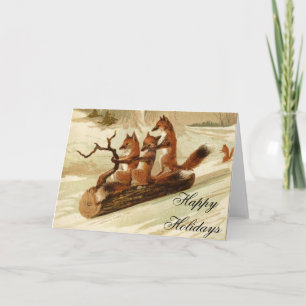 Sledding Foxes Vintage Christmas Card