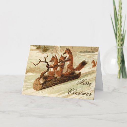 Sledding Foxes Vintage Merry Christmas Card