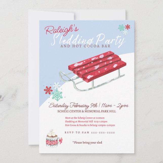Sledding Hot Cocoa Winter Birthday Party Invite (Front)