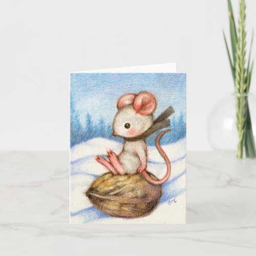 Sledding Mouse Cute Holiday Winter Greeting Card