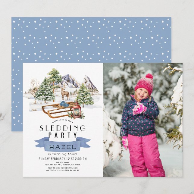 Sledding Party Winter Mountains Birthday Photo Invitation (Front/Back)
