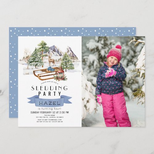 Sledding Party Winter Mountains Birthday Photo Invitation