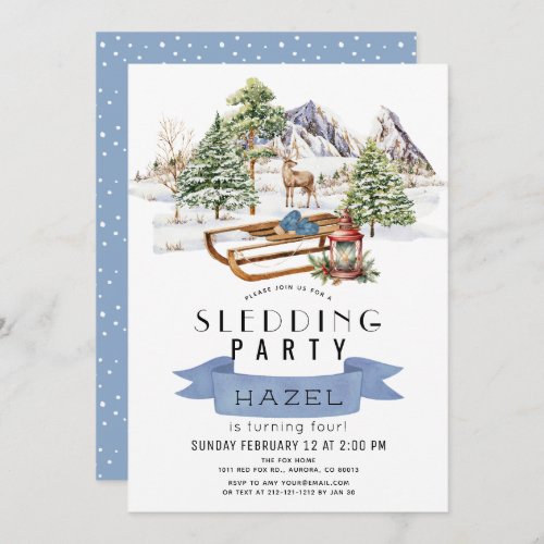 Sledding Party Winter Snowy Mountains Birthday Invitation