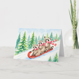 Sledding Raccoons Watercolor Winter Holiday Card