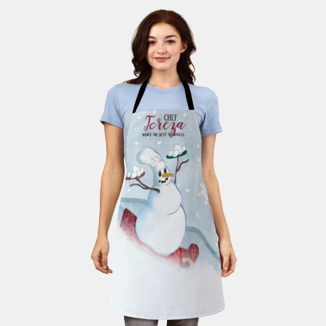 Sledding snowman chef personalized cooking baking apron (Worn)