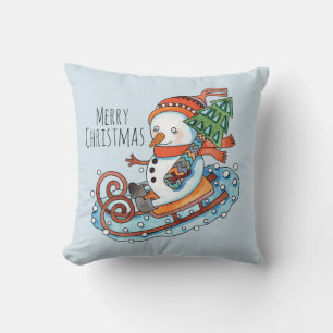 Sledding Snowman Throw Pillow