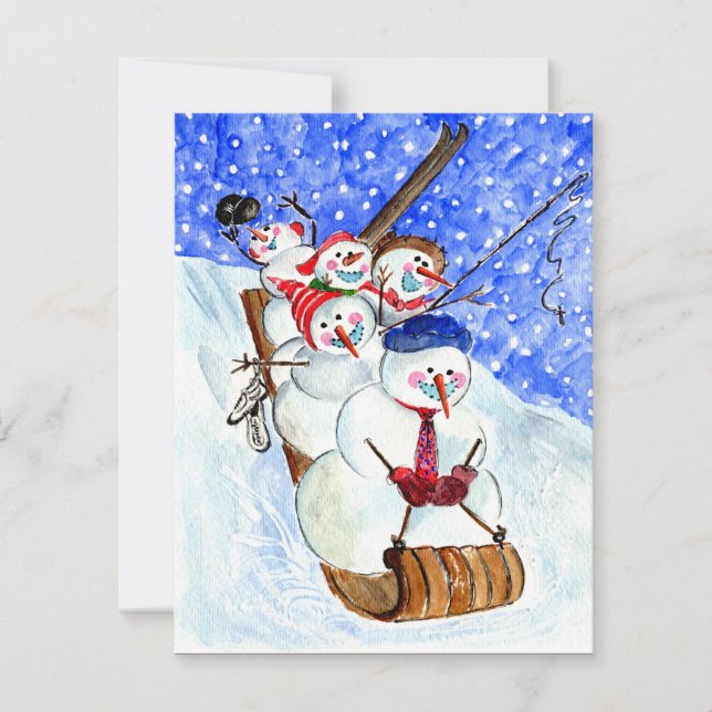 Sledding Snowmen Note Card Blank inside w Envelope (Front)
