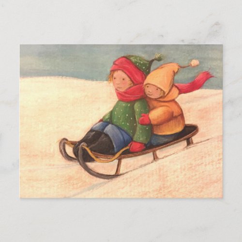 Sledding through the snow postcard