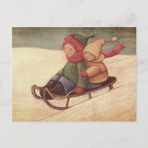 Sledding through the snow postcard