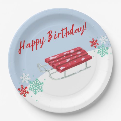 Sledding Winter Kids Birthday Paper Party Plates