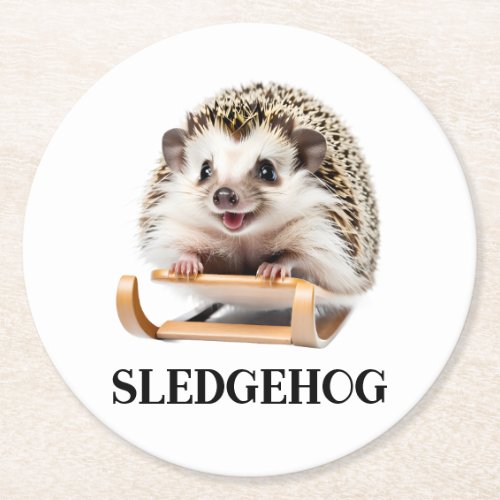 Sledgehog Funny Cute Hedgehog Christmas Sleigh  Round Paper Coaster