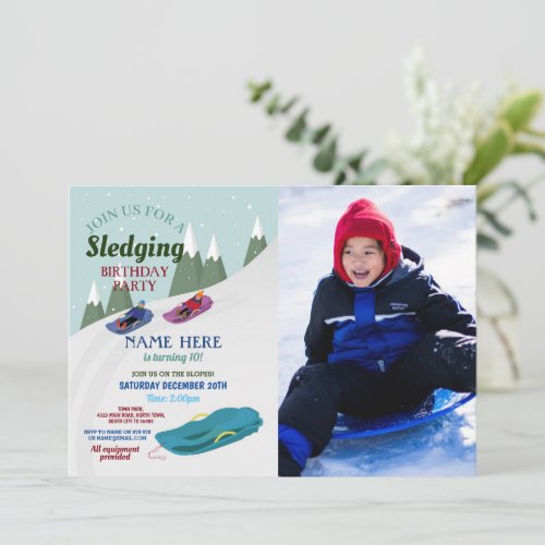 Sledging Birthday Party Slopes Snow Blue Sledge Invitation