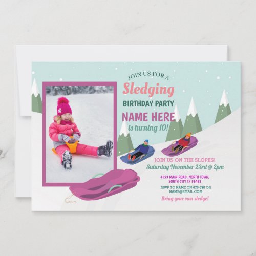 Sledging Birthday Party Slopes Snowboard Photo Invitation