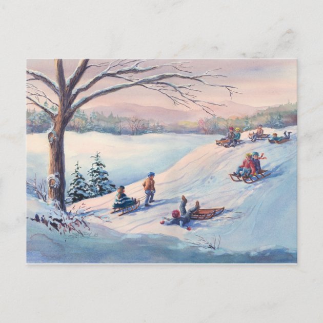 SLEDS, KIDS & SNOW By SHARON SHARPE Postcard | Zazzle