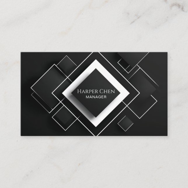 Sleek 3D Black White Minimalist Geometric Diamond Business Card (Front)