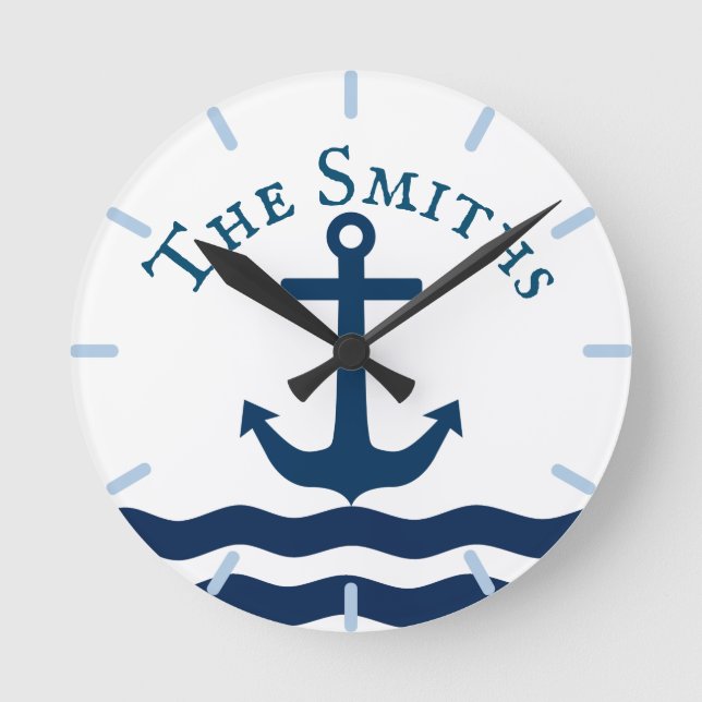 Sleek Anchor Nautical Custom Round Clock (Front)