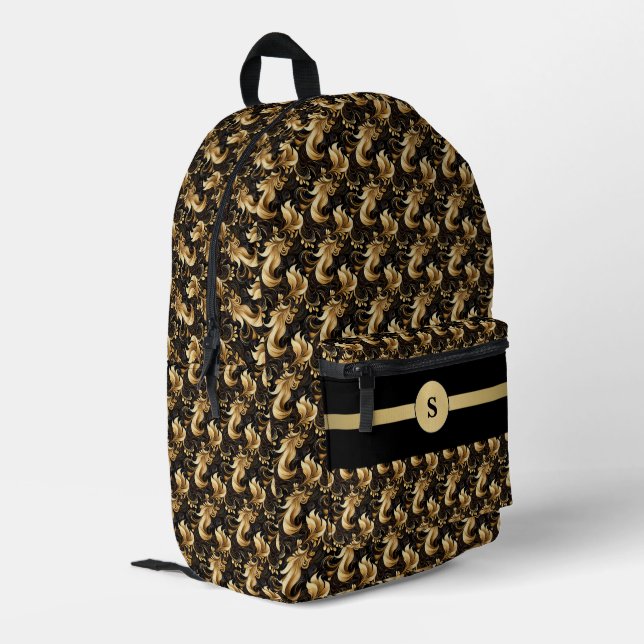 Sleek and Stylish: Black & Gold Personalized Printed Backpack (Back Corner Left)