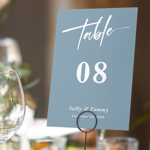 Sleek and Stylish Dusty Blue Modern Wedding Table Number