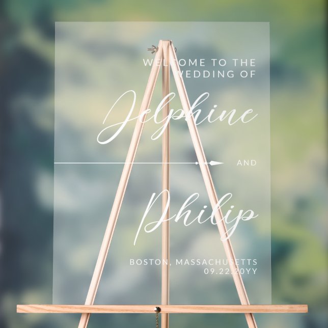 Sleek Arrow & White Script Wedding Welcome Acrylic Sign (Neutral)