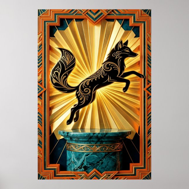 Sleek Art Deco Panther Silhouette Black Gold Poster (Front)