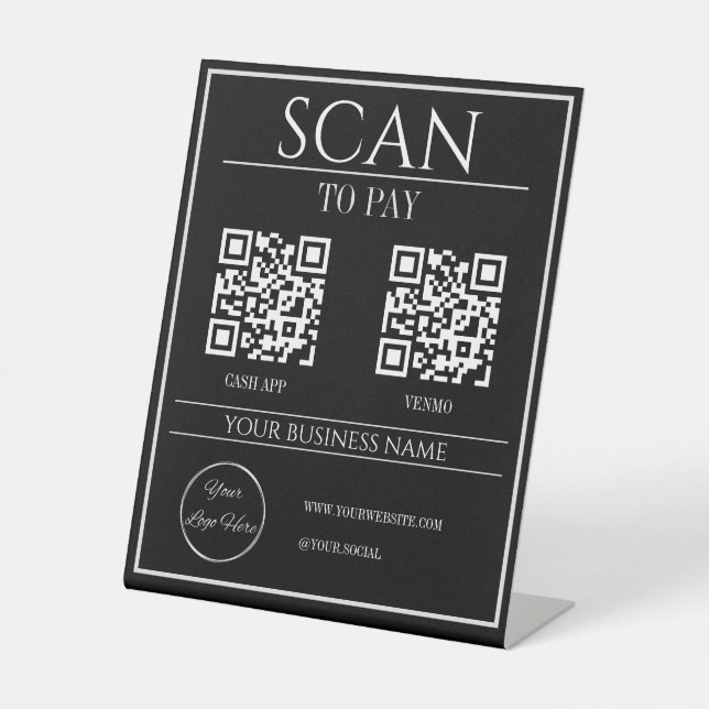 Sleek black 2 QR code business scan to pay Pedestal Sign (Front)