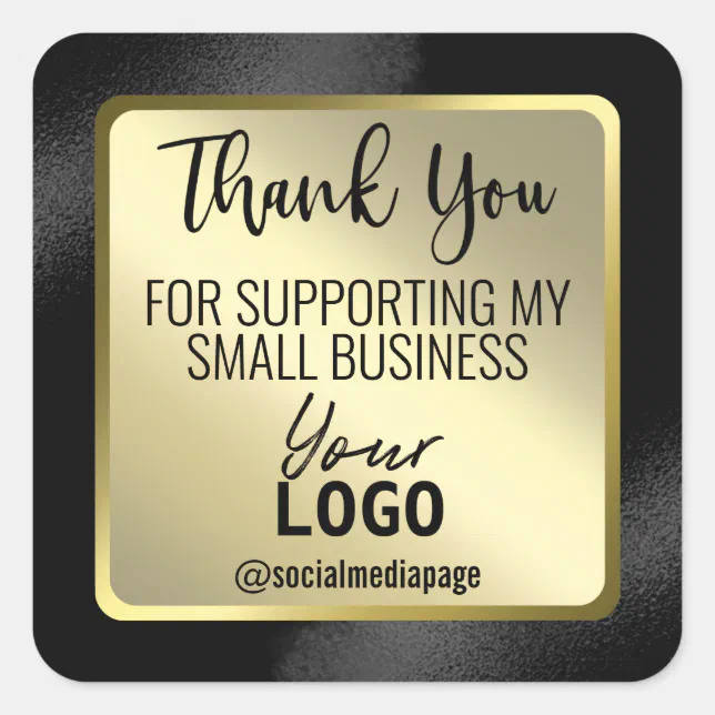 Sleek Black And Gold Thank You Business Logo Square Sticker | Zazzle