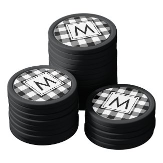 Sleek Black and White Buffalo Plaid with Monogram Poker Chip Set