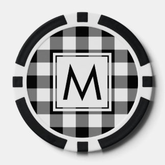 Sleek Black and White Buffalo Plaid with Monogram Poker Chips