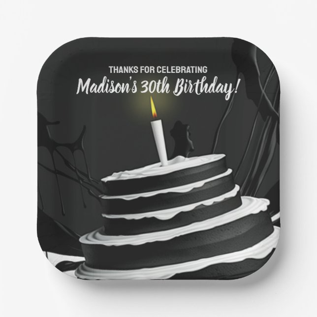 Sleek Black and White Cake Theme Birthday Party Paper Plates (Front)