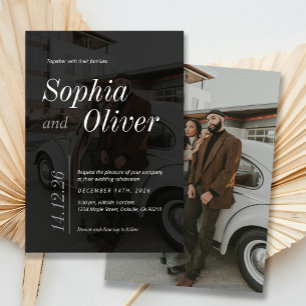 Sleek Black and White Photo Minimalist Wedding Invitation