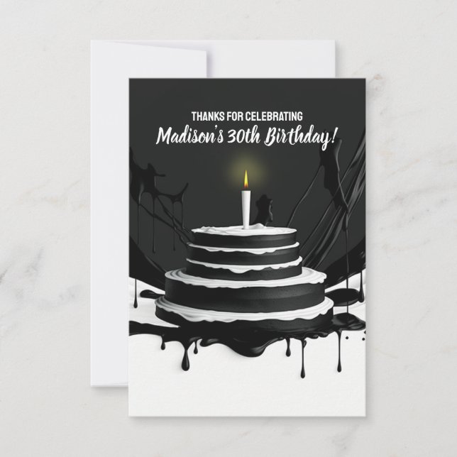 Sleek Black and White Theme Cake Birthday Party Thank You Card (Front)