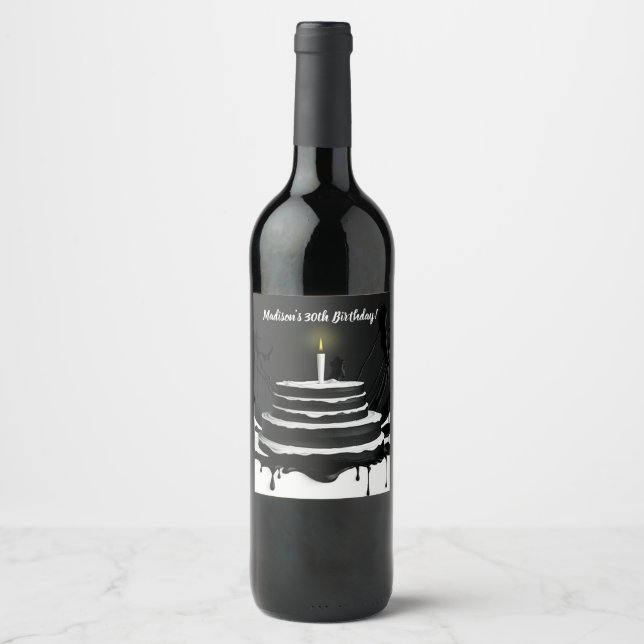 Sleek Black and White Theme Cake Birthday Party Wine Label (Front)