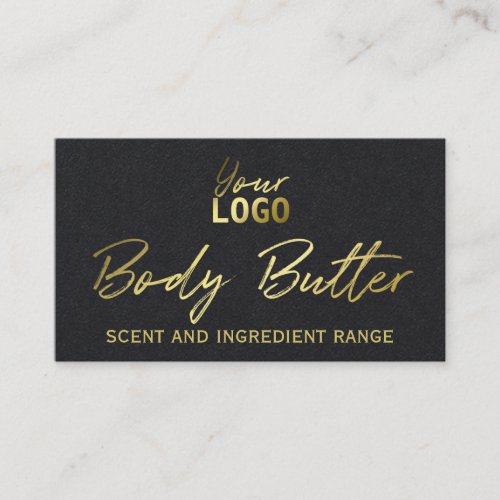 Sleek Black Body Butter Ingredients With Gold Text Business Card