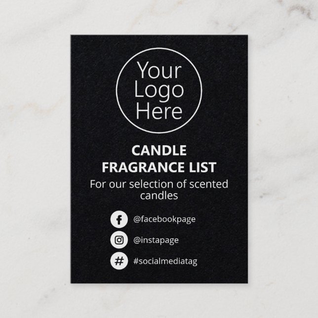 Sleek Black Candle Scent Product List Logo Business Card (Front)