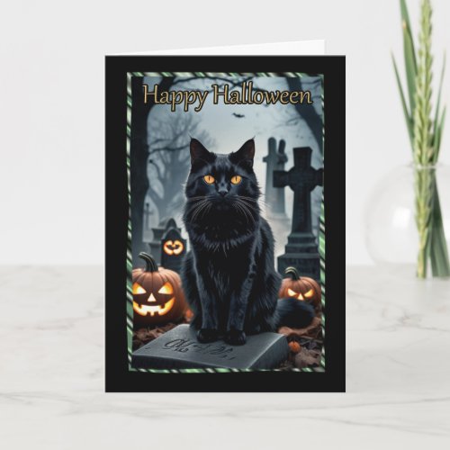 Sleek Black Cat in Cemetery Halloween Card