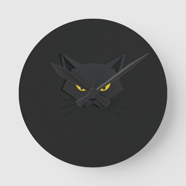 Sleek Black Cat Minimalist Art Round Clock (Front)