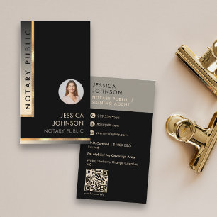 Sleek Black Cream Modern Photo QR Notary  Business Card