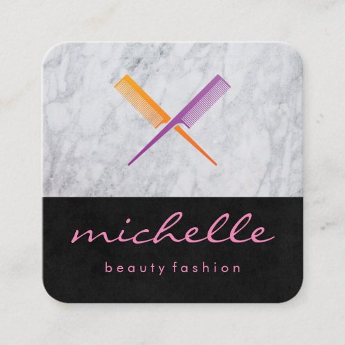 Sleek Black Crossed Comb and Marble Square Business Card