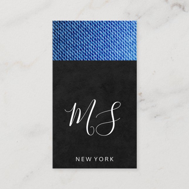 Sleek Black | Denim Texture | Monogram Business Card (Front)