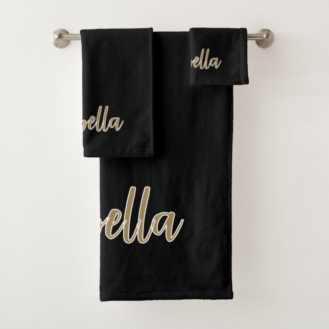 Sleek Black Design with Gold Script Bath Towel Set (Insitu)