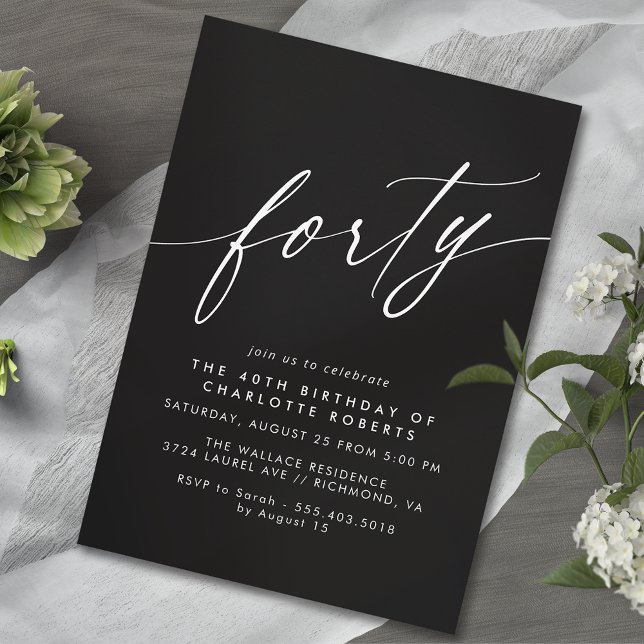 Sleek Black | Formal Script Moody 40th Birthday Invitation (Creator Uploaded)